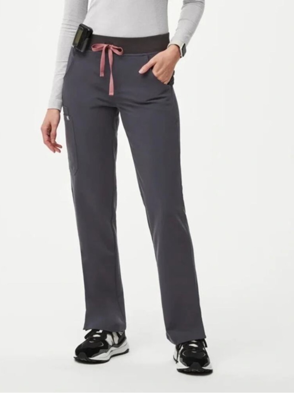 Size XXS-P Figs Women's Charcoal Track Pants with Pink Drawstring